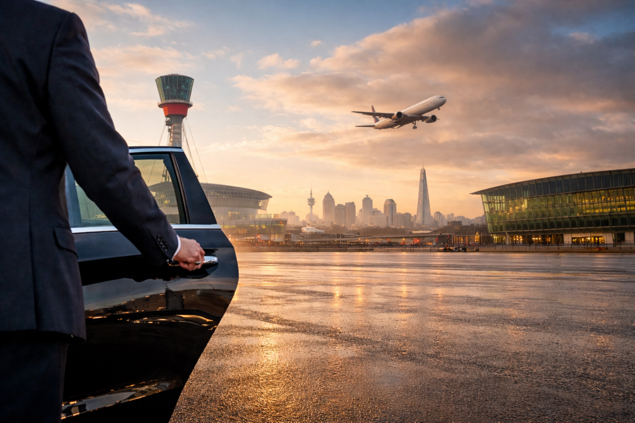 Executive airport transfer with chauffeur car and plane taking off at airport